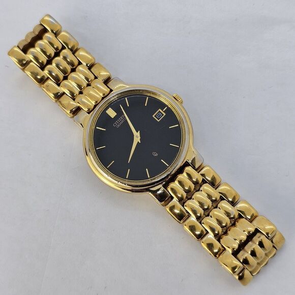 VTG Citizen CQ Women\'s Watch 32MM Black Dial Date Gold Bracelet 7.5\